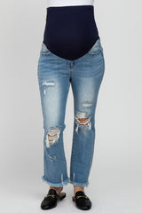 Light Blue Distressed Frayed Hem Maternity Jeans