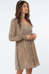 Beige Leopard Print Chiffon Back Cutout Dress