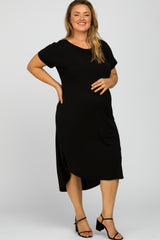 Black Short Cuffed Sleeve Hi-Low Maternity Plus Dress