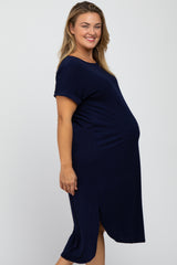 Navy Short Cuffed Sleeve Hi-Low Maternity Plus Dress