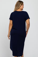 Navy Short Cuffed Sleeve Hi-Low Maternity Plus Dress