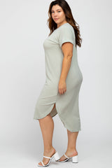 Light Olive Short Cuffed Sleeve Hi-Low Plus Dress