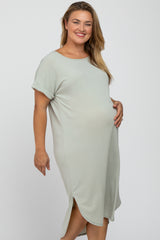 Light Olive Short Cuffed Sleeve Hi-Low Maternity Plus Dress