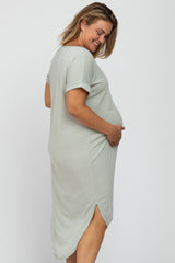 Light Olive Short Cuffed Sleeve Hi-Low Maternity Plus Dress