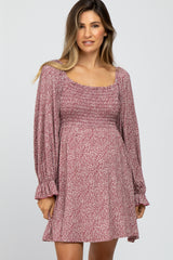 Plum Floral Smocked Peasant Sleeve Maternity Dress