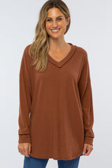 Brown Waffle Knit V-Neck Top