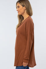 Brown Waffle Knit V-Neck Top