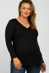 Black Button Accent Long Sleeve Maternity Plus Top