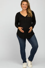 Black Button Accent Long Sleeve Maternity Plus Top