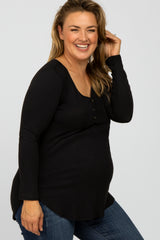 Black Button Accent Long Sleeve Maternity Plus Top