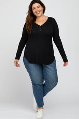 Black Button Accent Long Sleeve Plus Top