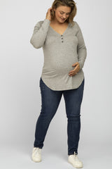 Heather Grey Button Accent Long Sleeve Maternity Plus Top