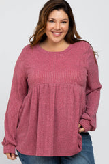 Mauve Textured Knit Babydoll Long Sleeve Maternity Plus Top