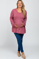 Mauve Textured Knit Babydoll Long Sleeve Maternity Plus Top