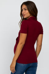 Burgundy Solid Short Sleeve Wrap Front Maternity/Nursing Top