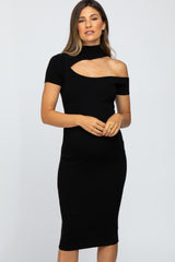 Black Mock Neck Cutout Fitted Maternity Dress