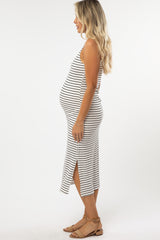 White Striped Side Slit Fitted Maternity Midi Dress