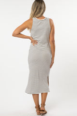 White Striped Side Slit Fitted Maternity Midi Dress