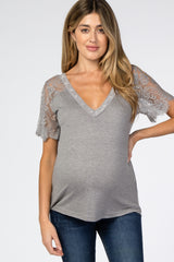 Heather Grey Lace Sleeve V Neck Maternity Top