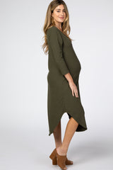 Olive Ribbed Curved Hem Maternity Midi Dress