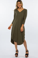 Olive Ribbed Curved Hem Maternity Midi Dress