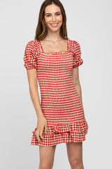 Red Gingham Smocked Mini Dress