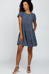 Blue Swiss Dot Pleated Tier Maternity Dress