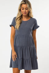 Blue Swiss Dot Pleated Tier Maternity Dress