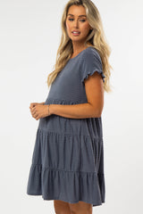 Blue Swiss Dot Pleated Tier Maternity Dress