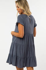 Blue Swiss Dot Pleated Tier Maternity Dress