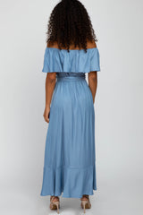 Blue Off Shoulder Ruffled Wrap Maxi Dress