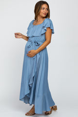 Blue Off Shoulder Ruffled Wrap Maternity Maxi Dress