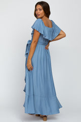 Blue Off Shoulder Ruffled Wrap Maternity Maxi Dress