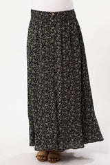 Black Floral Button Accent Maternity Maxi Skirt