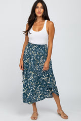 Teal Floral Smocked Midi Skirt