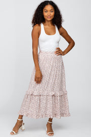 Light Pink Floral Ruffle Midi Skirt