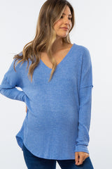 Blue Waffle Knit Long Sleeve Maternity Top