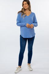 Blue Waffle Knit Long Sleeve Maternity Top