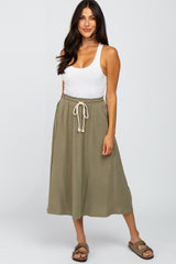 Olive Drawstring Waist Midi Skirt