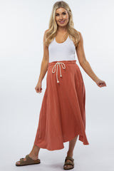 Rust Drawstring Waist Maternity Midi Skirt