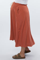 Rust Drawstring Waist Maternity Midi Skirt