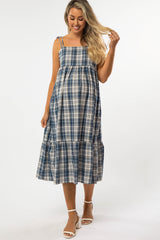 Blue Plaid Tiered Maternity Midi Dress