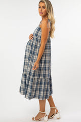 Blue Plaid Tiered Maternity Midi Dress