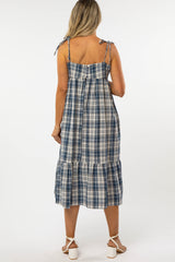 Blue Plaid Tiered Maternity Midi Dress