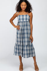 Blue Plaid Tiered Maternity Midi Dress