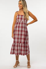 Burgundy Plaid Tiered Maternity Midi Dress