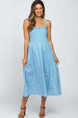 Light Blue Sleeveless Smocked Caged Back Maternity Midi Dress