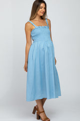 Light Blue Sleeveless Smocked Caged Back Maternity Midi Dress