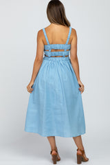 Light Blue Sleeveless Smocked Caged Back Maternity Midi Dress