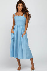 Light Blue Sleeveless Smocked Caged Back Maternity Midi Dress